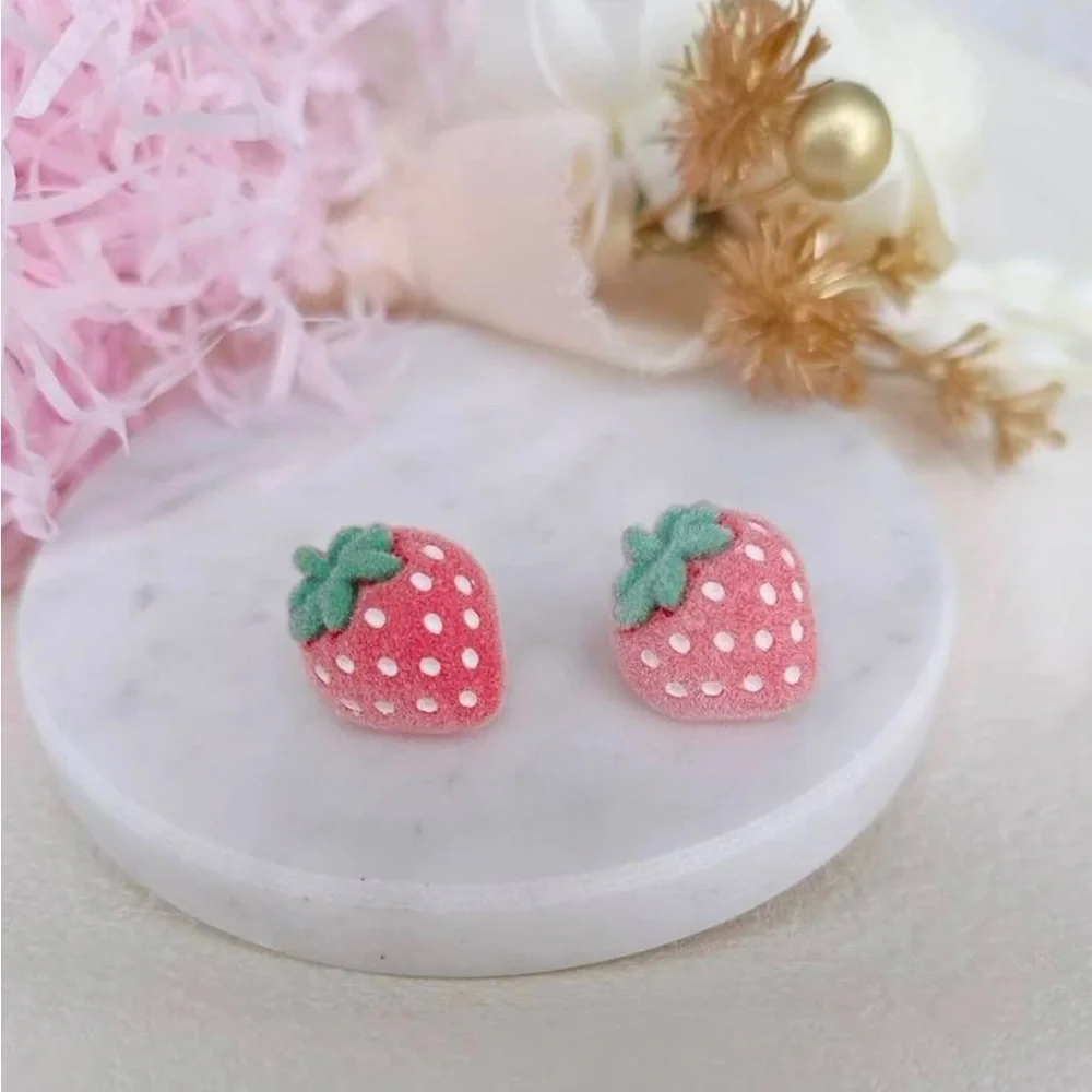 Fuzzy Strawberries~ Furry Fluffy Flocked Strawberry Fruit Kawaii Yummy Pink Stud
